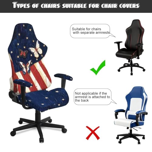 American Flag Print Gaming Chair Covers Slipcovers with Armrest Cover Butterfly Printed 250th Anniversary Decoration Gamer Desk Chair Covers Fits Most Office/PC Chairs & Racing Style Seats - color: Blue and White - American Flag Butterfly