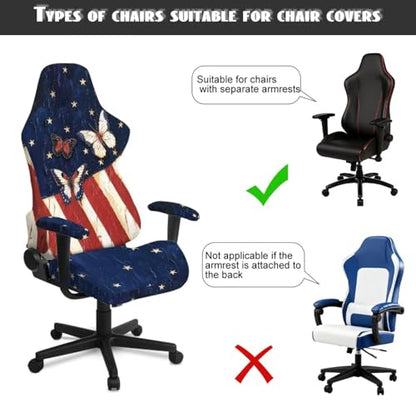 American Flag Print Gaming Chair Covers Slipcovers with Armrest Cover Butterfly Printed 250th Anniversary Decoration Gamer Desk Chair Covers Fits Most Office/PC Chairs & Racing Style Seats - color: Blue and White - American Flag Butterfly