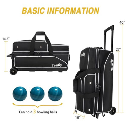 Triple Roller Bowling Bag with Wheels, Heavy Duty 3 Ball Bag for League & Recreational Bowlers - color: Black