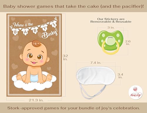 Party Hearty Pin the Pacifier on the Baby, Baby Shower Game - Kraft Boy | 1 Large Poster, 56 Colorful Binky Stickers, 1 Blindfold & Double-Sided Tape - color: Boy Kraft - Pin the Binky