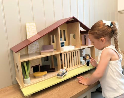 Mentari Toys - Cedar Chalet - Mid-Century Modern Dollhouse for Kids - Fully Furnished, Sustainable Rubberwood, Educational Toy for Toddlers & Preschoolers Age 3+