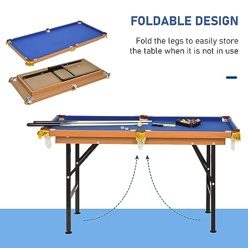 Folding Pool Table with Accessories, 55x24.75x29.5 Inches, Blue Felt Top, Includes 2 Cues, 16 Balls, Chalk, Triangle Rack, 6 Mesh Bags, Compact Billiard Game Table for Kids and Adults