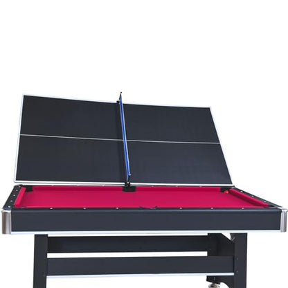 6 ft Pool Table with Table Tennis Top - Black and Red, Space-Saving, Ages, Elegant Design