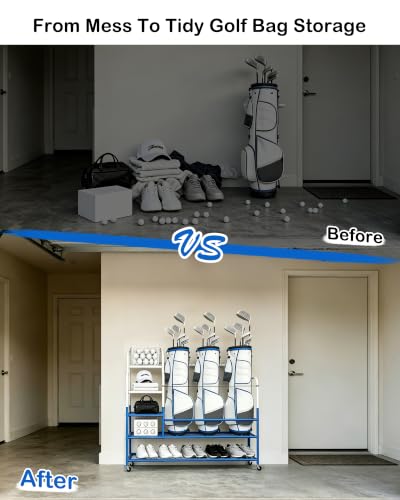 Golf Bag Storage Garage Organizer for 3 Bags, Golf Storage Rack with Wheels | 50% More Space Multi-Zone, All-In-One Compact 5-tier Upscale Sporty Heavy-Duty Rack, 4 360° Casters,Movable Basket,Golf Gifts - size: 3 Golf Bag Rack丨50.4"(L)x15.8(W)"x44.6"(H)