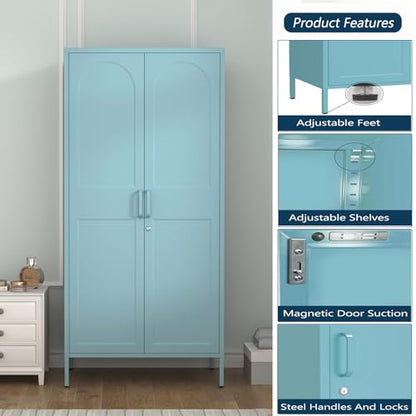 Lockable Metal Wardrobe Closet with Hanging Rod and 3 Adjustable Shelves,67" Metal Storage Cabinet with 2 Doors,Steel Armoire Wardrobe Closet for Bedroom Living Room Cloak Room (Blue) - color: Blue, style: 67"H-Wardrobe-DY