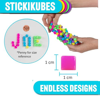 KOMARC GAMES StickiKubes, Mini Stacking Cubes that Stick to Anything, Non Toxic Kid Safe Sticky Blocks, Creative Construction Toy - 125 Cubes, 5 Neon Colors, Tub