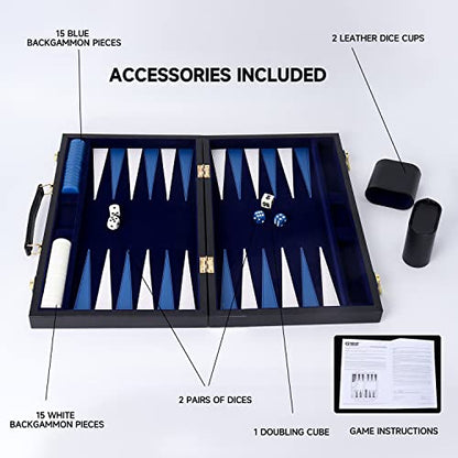 GSE Premium Leather Backgammon Board Game Set, Black&Blue, Large | Premium Leather, Travel Folding Board, Classic Game Set, Leather Case Included - color: Leather-black&blue, size: Large