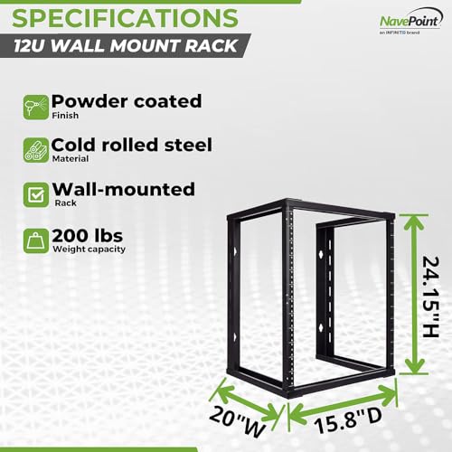 NavePoint 12U Wall Mount Rack - Server Rack for 19 Inch IT Equipment Open Frame Rack – Network Rack for AV & Server Equipment 16” Deep Rack, Black - size: 12U