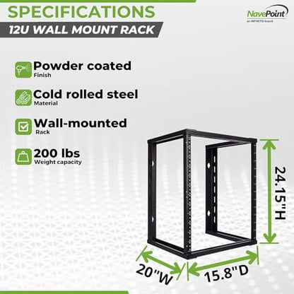 NavePoint 12U Wall Mount Rack - Server Rack for 19 Inch IT Equipment Open Frame Rack – Network Rack for AV & Server Equipment 16” Deep Rack, Black - size: 12U