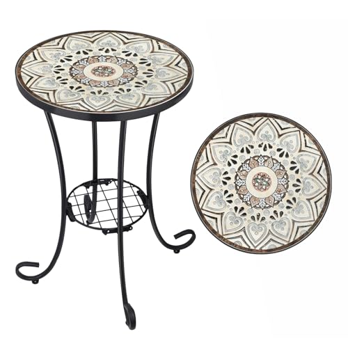 VCUTEKA Outdoor Side Table Mosaic Patio Table Accent Tables Mosaic Tile Top Metal Frame Small End Tables Porch Beach Patio Garden Balcony Brown 14'' - color: Brown