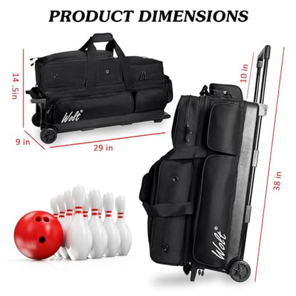 WOLT 3 Ball Bowling Bags with Wheels,Bowling Ball Bag 3 Ball Roller with Separate Shoe Compartment and Accessory Pocket, Retractable Handle Extends to 38’’ - color: black