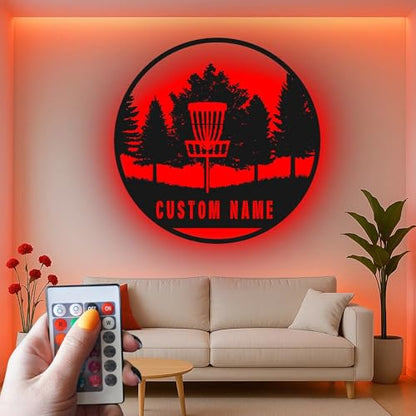 Custom Disc Golf Basket Led Light Metal Wall Art Personalized Gift for Disc Golf Enthusiasts Outdoor Sports Decor