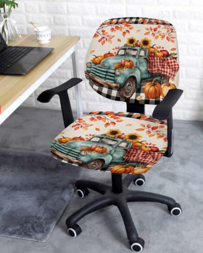 Savannan Office Chair Cover, Autumn Pumpkin Sunflower Leaf Protective Stretch Elastic Universal Cover for Desk Task Chair,Computer Rotating Chair 1 Pcs Retro Shabby Truck Linen Plaid