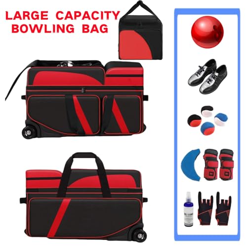 4 Ball Bowling Bags with Wheels, Bowling Ball Bag with Multi-Pockets,4 Ball Bowling Bag with Secure Buckle Fixed Ball Cup & Shoe Compartment,3 Ball Bowling Bag+1 Ball Color Matching Add On Tote - color: red 3+1