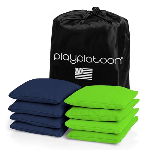 Play Platoon Cornhole Bags Weather Resistant- Set of 8 Regulation Bean Bags for Tossing- Official Professional Size & Weight Corn Hole Bags Two Color All Weather Cornhole Beans Bag Set with Tote Bag - color: Navy Blue & Lime Green