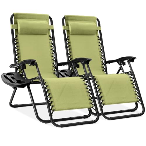 Best Choice Products Set of 2 Adjustable Steel Mesh Zero Gravity Lounge Chair Recliners w/Pillows and Cup Holder Trays - Dusty Green/Black - color: Dusty Green, size: Standard