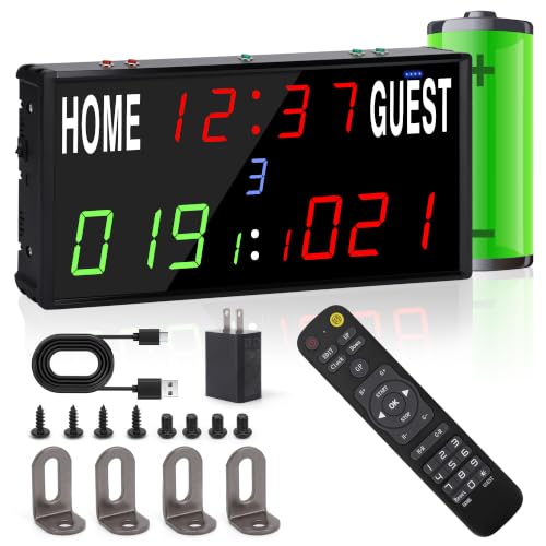 LED Electronic Scoreboard Digital Score Keeper with Remote/Timer/Shot Clock,Portable Basketball Scoreboard with 40-Foot Remote Control ,100FT VISIBLE,24H Clock,Score History,6 Brightness,3 Placements - color: red+rechargeable