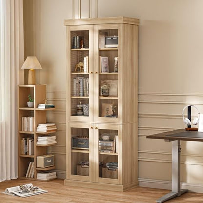 Vyre 70.8" Tall Brown Bookshelf with Glass Doors, Farmhouse Modular Bookcase with 6-Tier Adjustable Shelves, Large Storage Cabinet for Home Office, Living Room, Set of 2 - color: Brown
