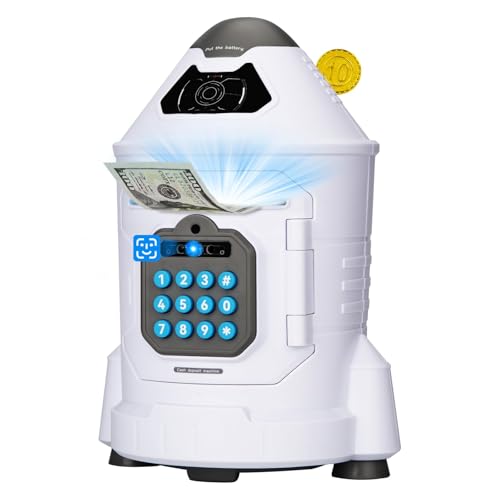 GONINO Piggy Bank for Boys, Electronic Kids Safe Money Bank with Password & Face ID Simulation, Rocket Ship ATM Piggy Bank for Real Money, Kids Bank Birthday Gifts for Boys Ages 5-12
