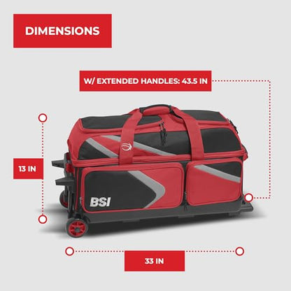 BSI Dash Roller Bowling Bag with Smooth Rolling Wheels, Padded Ball Compartment, Retractable Locking Handle, & Shoe Pocket - color: Black/Red/Gray, style: Triple