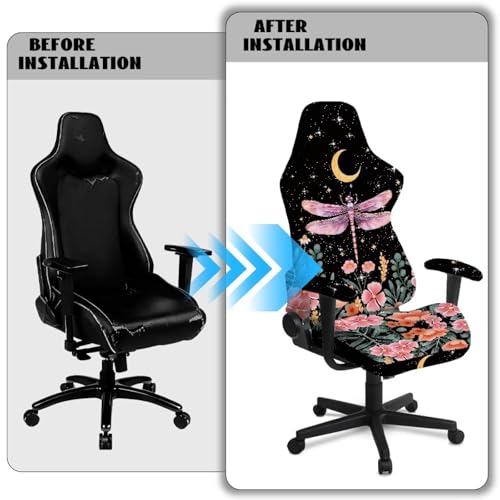 Suobstales Dragonfly Moon Flower Pattern Gaming Chair Cover with 2 Armrest Covers, Non Slip Game Chair Cover with Zipper, Dustproof Washable Gaming Chair Seat Cover, Set of 4 - color: Dragonfly Moon Flower