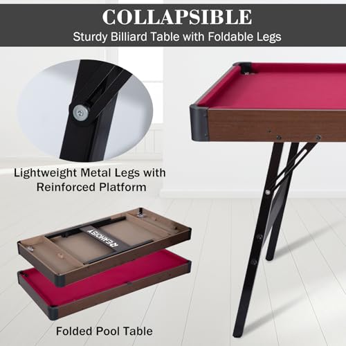 Folding Pool Table, Portable Billiard Game Tables for Kids and Adults, Mini Pool Table with Locking Legs, Adjustable Feet, Balls, Cues, Triangle, Chalk, Brush - color: 54-inch/Red