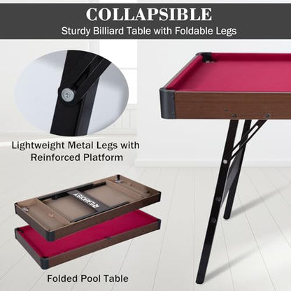 Folding Pool Table, Portable Billiard Game Tables for Kids and Adults, Mini Pool Table with Locking Legs, Adjustable Feet, Balls, Cues, Triangle, Chalk, Brush - color: 54-inch/Red