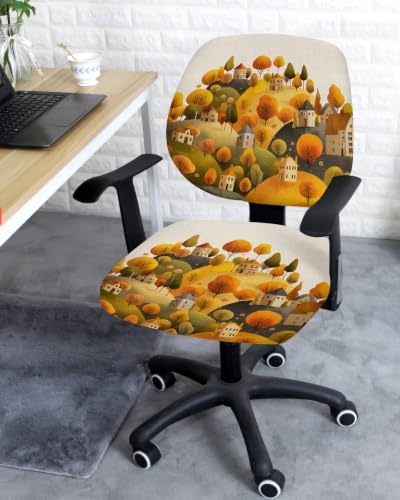 Savannan Office Chair Cover, Vintage Cartoon Hills House Protective Stretch Elastic Universal Cover for Desk Task Chair,Computer Rotating Chair 1 Pcs Autumn Trees on Linen