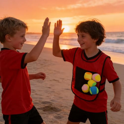 Pomya Kids Sticky Ball Vest Set | Hook and Loop Dodgeball Game with 5 Balls, 29x42cm Red Double Sided Vests for Outdoor Throwing Toys
