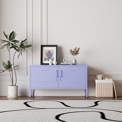Purple Metal Accent Cabinet Locker with Lock, 2-Door Wide Storage Cabinet, Adjustable Shelves, Multifunctional TV Stand & Entertainment Center for Bedroom, Living Room - color: Lilac, style: TV stand-24"H-LK