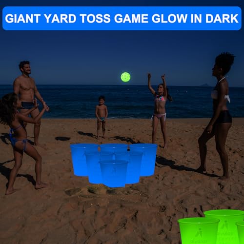 Aivalas Yard Pong Outdoor Games Glow Set in Dark, Giant Yard Pong Game for Adults and Family with 12 Buckets, 4 Balls and a Carrying Bag, Giant Pong for Beach, Camping, Lawn and Backyard - color: Green/Blue Glow in Dark