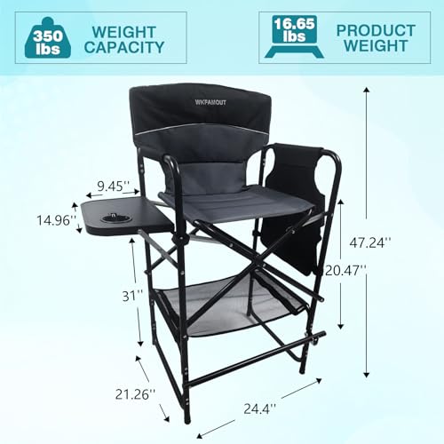 Tall Folding Director Chair 30.7" Seat Height Foldable Bar Stool for Makeup Artist Face Painting with Side Table Carry Bag and Cosmetic Bag Supports 350LBS - color: Grey-padded