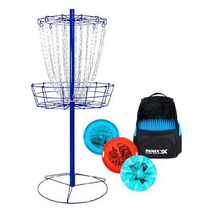 Remix Double Chain Blue Disc Golf Basket with Starter Backpack and 3 Disc Set