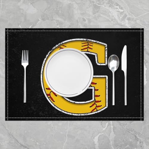 Erosebridal Baseball Initial Placemats 12x18 inch Set of 4 Yellow Letter G Place Mats | Monogrammed Table Place Mats Sports Softball Accessories Oil Proof Washable Placemats - color: Yellow G