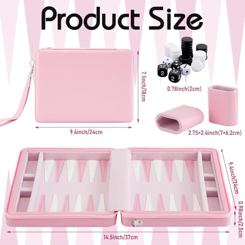 Jerify Travel Backgammon Set Board Games for Adults Portable Backgammon 9.4 x 7.1 inches Leatherette Case Classic Strategy Game for Families Companion Airplane, Camping(Pink) - color: Pink