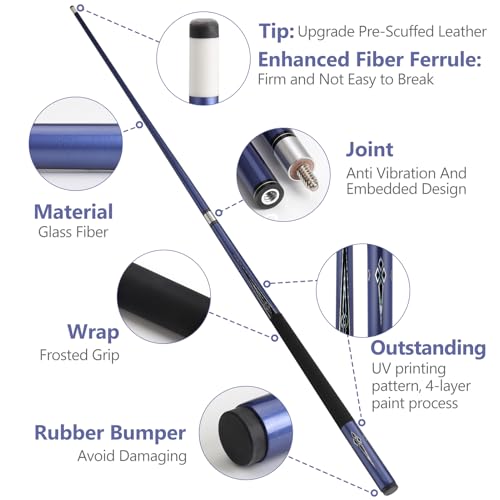 Glass Fiber Pool Cue Stick with Case Combo Set, 12.5mm Professional Pool Stick 58" Low Deflection Billiards Cue Stick 19 Oz Pool Cue Set for Men Adults Players - color: Blue1