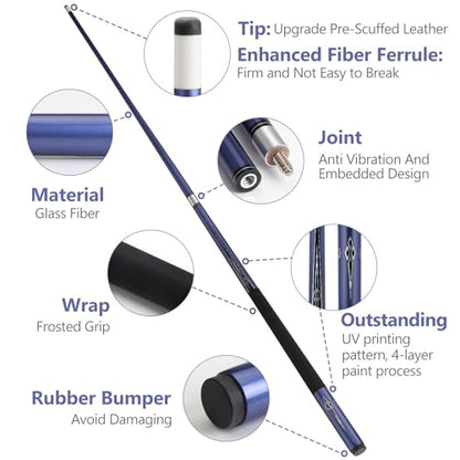 Glass Fiber Pool Cue Stick with Case Combo Set, 12.5mm Professional Pool Stick 58" Low Deflection Billiards Cue Stick 19 Oz Pool Cue Set for Men Adults Players - color: Blue1