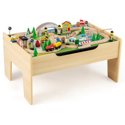 Costzon Train Table, 5 in 1 Kids Activity Wooden Set w/ 78 Pieces Railway Playset, Reversible Map Top, Blackboard, Building Bricks Station & Large Storage Space, Toddler Sensory Table for 18 M+ - size: 31" x 22.5" x 15.5" (L x W x H)