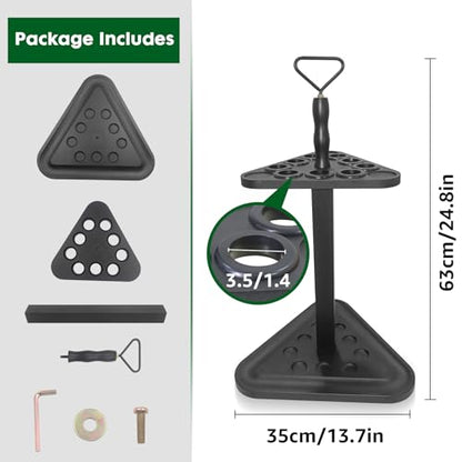 Pool Cue Rack Floor Stand | Wood Billiard Stick Holder & Game Room Organizer | Holds 9 Cues, Full Ball Set & Accessories | Classic Triangle Design for Stability & Style | Easy Assembly