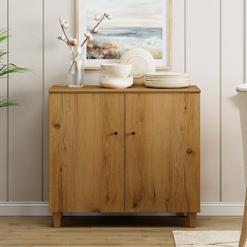 WAMPAT 35.4" Buffet Cabinet w/ 2 Doors, Credenza Storage Cabinet, Oak Brown | Modern Small Kitchen Wooden Sideboard with 3 Compartments & Solid Wood Legs for Dining Room, Living room, Hallway, Entryway - color: Oak Brown, size: 35.4" W