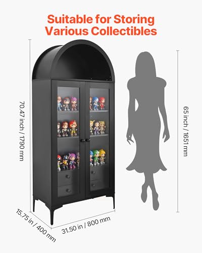 VEVOR Arched Kitchen Pantry Cabinet with Glass Doors, 70in Tall Curio Cabinet, 4-Tier Display Case with 2 Adjustable Shelves, Bookcase Bookshelf for Collectibles Storage Living Room Office - size: 70in