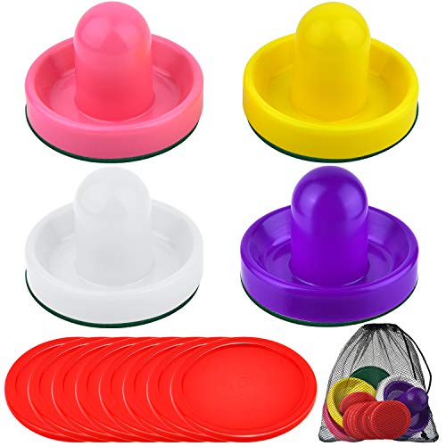 Coopay Air Hockey Pushers and Pucks, Air Hockey Paddles with Felt Bottoms, Goal Handles Paddles Replacement Accessories with a Drawstring Bag for Game Tables (4 Striker, 8 Red Puck Pack) - color: White, Pink, Yellow, Purple