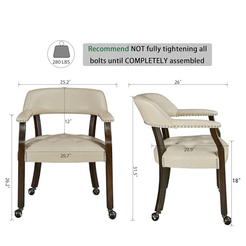 Set of 4 Dining Leather Chairs with Casters & Arms, Accent Captain Chair with Wheels, Roller Wood Wheeled Chairs for Kitchen & Game Poker Table,Espresso&Beige 1910BG(NO Table!) - color: Espresso&beige