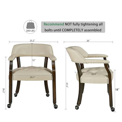 Set of 4 Dining Leather Chairs with Casters & Arms, Accent Captain Chair with Wheels, Roller Wood Wheeled Chairs for Kitchen & Game Poker Table,Espresso&Beige 1910BG(NO Table!) - color: Espresso&beige