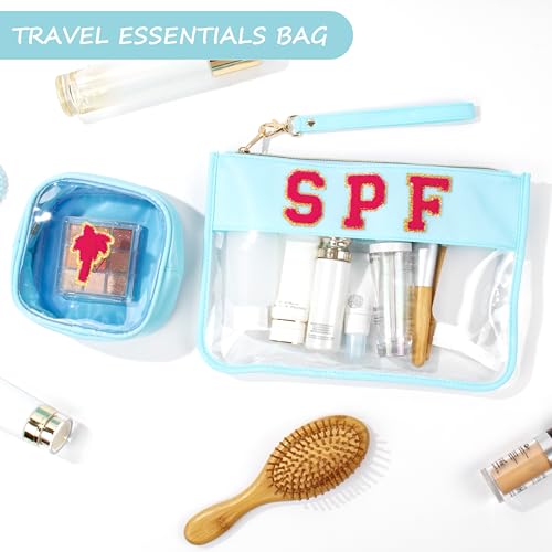 BuyCard Preppy Patch SPF Clear Cosmetic Bag Chenille Letter Makeup Pouch Transparent Nylon & PVC Travel Zipper Pouch Organizer Sunscreen Toiletry Bag Waterproof Summer Beach Gifts for Women Girls - color: Blue-SPF