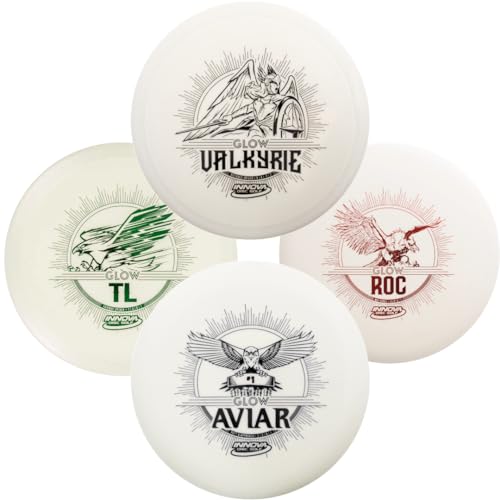 INNOVA Glow Disc Golf Starter Set – 140-180g – DX Putter, Mid-Range, & Drivers PDGA Approved Disc Golf Set - color: 4 DISC GLOW STARTER SET
