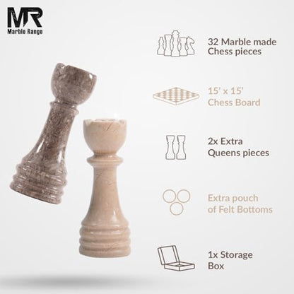 Marble Chess Set 15" Inches Verona & Oceanic with Storage Box and 2 Extra Queen Handmade Classic Board Games for Adults, Luxury Marble Chess Board & Chess Pieces for Gifts - color: Verona & Oceanic