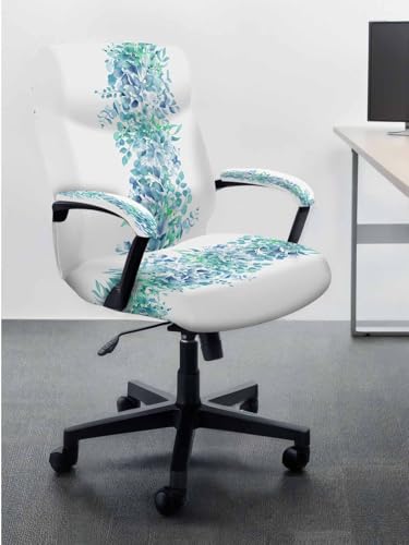 Spring Plants Office Chair Cover with Armrest Covers, Green Eucalyptus Leaves Universal Stretch Desk Rotating Chair Slipcovers, Removable Seat Protector with Zipper, L - color: Emerald Green White, size: Large & 2PCS Armrest Covers