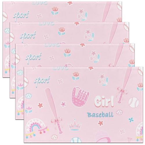 Girl Baseball Placemats Set of 4,Cartoon Bowknot Baseball Bat Table Mats,Rainbow Flower Placemat for Kitchen Dining Table Pink Sweet Sports Theme Dining Table Decor,18"x12" - color: Pink Baseball