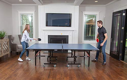 JOOLA Inside Professional MDF Indoor Ping Pong Table with Quick Clamp Table Tennis Net and Post Set - 10 Minute Easy Assembly - Tournament Quality - Foldable with Single Player Playback Mode - color: 18mm Blue